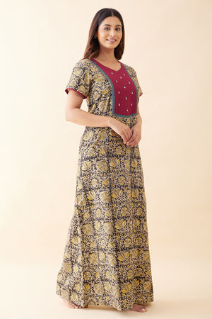Kalamkari Embroidered Nighty - Black