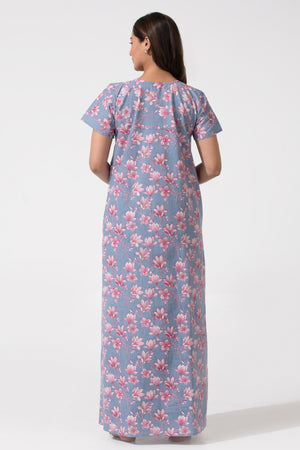 Gracial Blue Printed Soft Pure Cotton Nighty with Lace Yoke