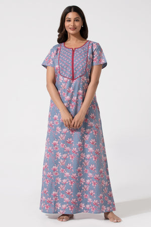 Gracial Blue Printed Soft Pure Cotton Nighty with Lace Yoke