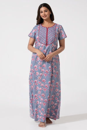 Gracial Blue Printed Soft Pure Cotton Nighty with Lace Yoke