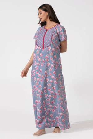 Gracial Blue Printed Soft Pure Cotton Nighty with Lace Yoke