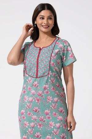 Green Printed Cotton Nightwear with Lace Yoke