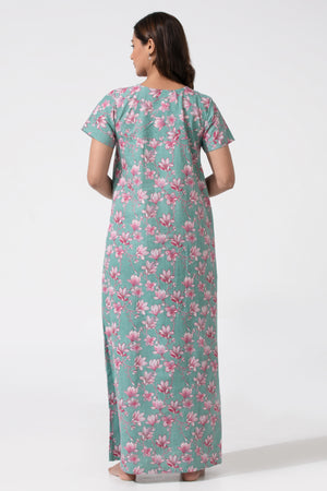 Green Printed Cotton Nightwear with Lace Yoke