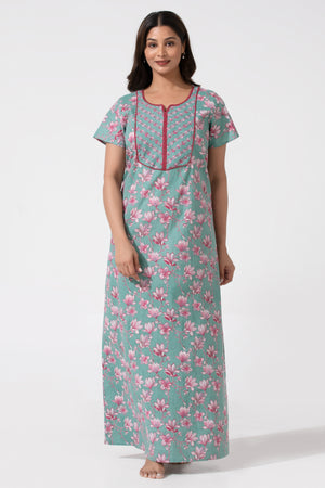 Green Printed Cotton Nightwear with Lace Yoke