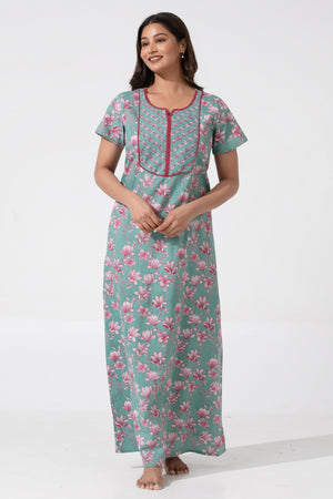 Green Printed Cotton Nightwear with Lace Yoke