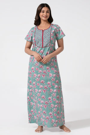 Green Printed Cotton Nightwear with Lace Yoke