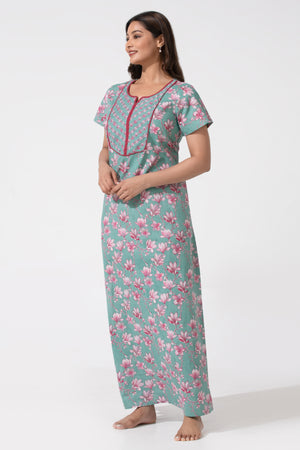 Green Printed Cotton Nightwear with Lace Yoke