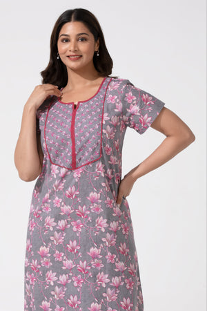Gray Printed Cotton Nighty with Lace Yoke