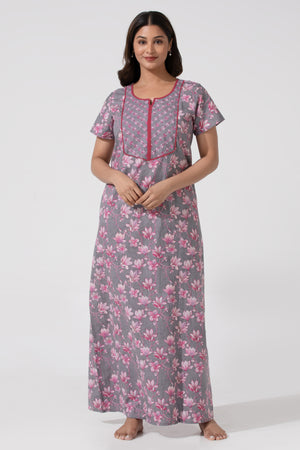 Gray Printed Cotton Nighty with Lace Yoke