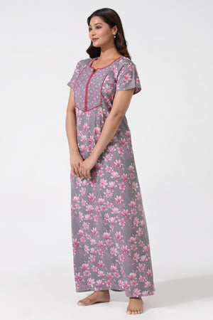 Gray Printed Cotton Nighty with Lace Yoke