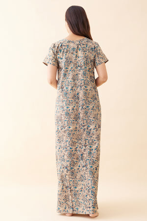 Kalamkari Embroidered Nighty - Blue