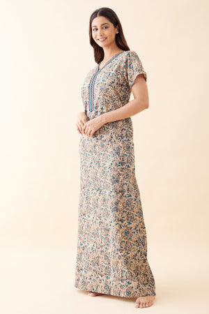 Kalamkari Embroidered Nighty - Blue