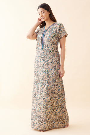 Kalamkari Embroidered Nighty - Blue