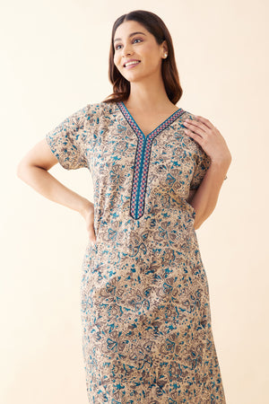 Kalamkari Embroidered Nighty - Blue