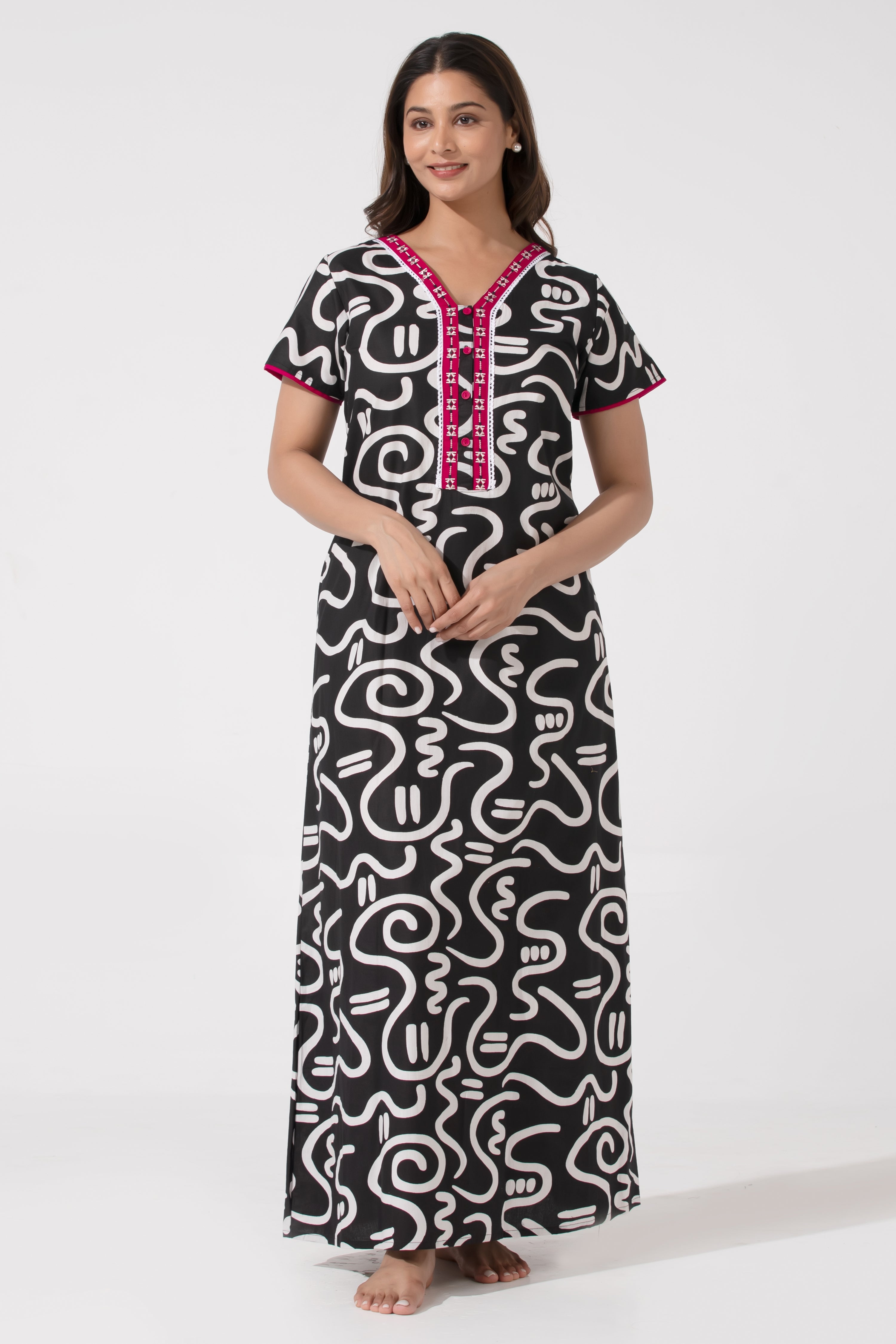 Black Abstract Nighty with Embroidered Buttoned Yoke