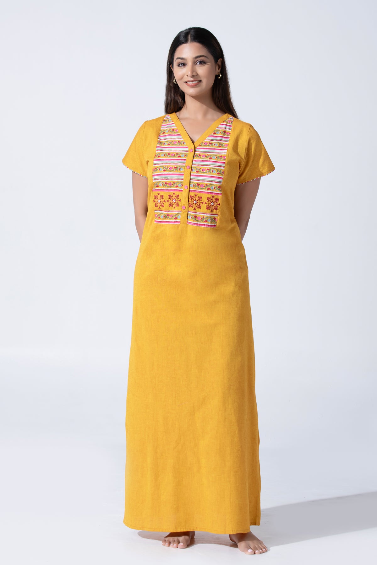 Yellow Solid Cotton Nightwear With Floral Printed Yoke