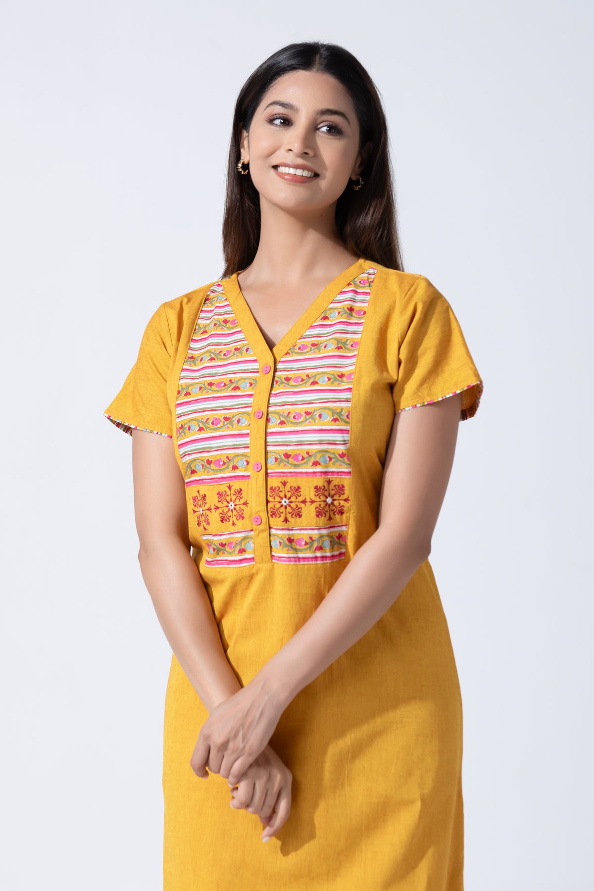 Yellow Solid Cotton Nightwear With Floral Printed Yoke
