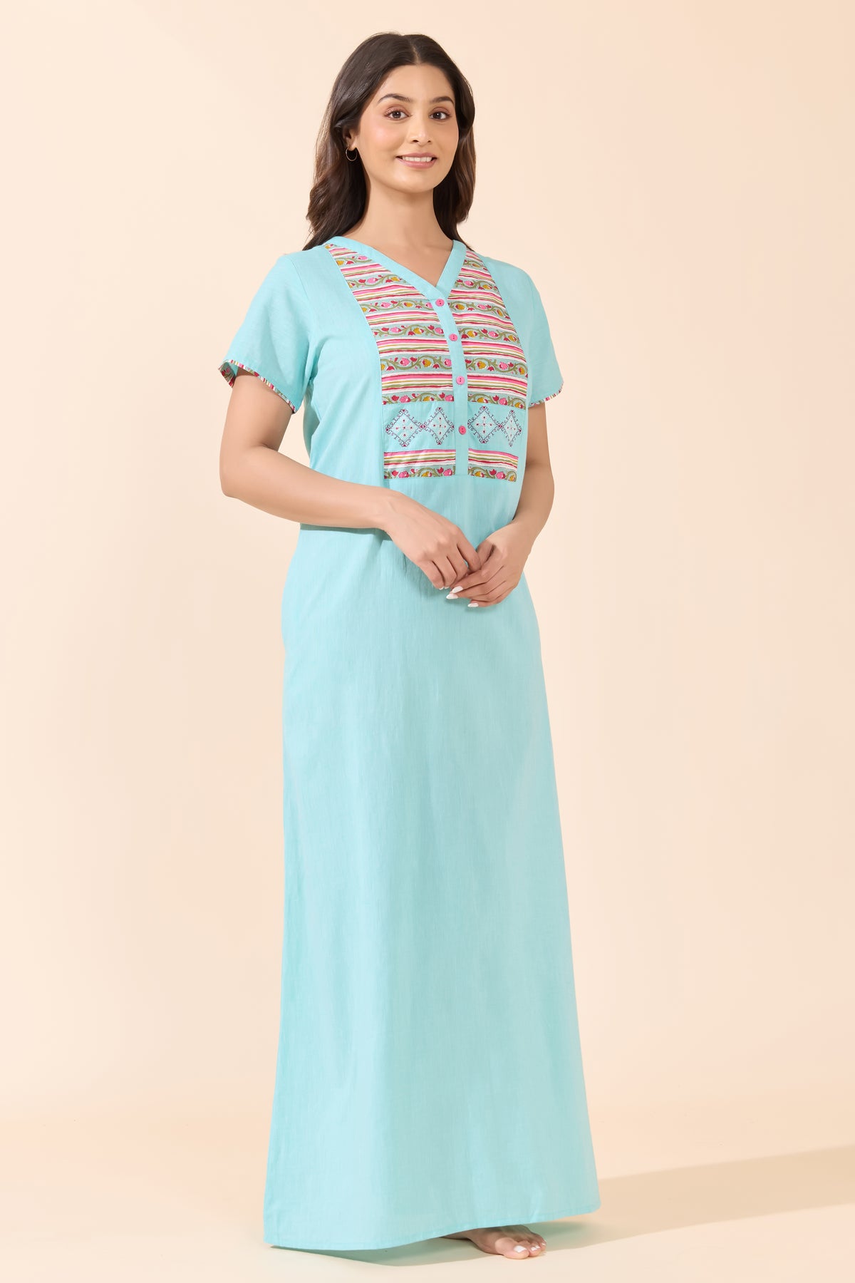 Turquoise Solid Cotton Nightwear With Floral Print Yoke