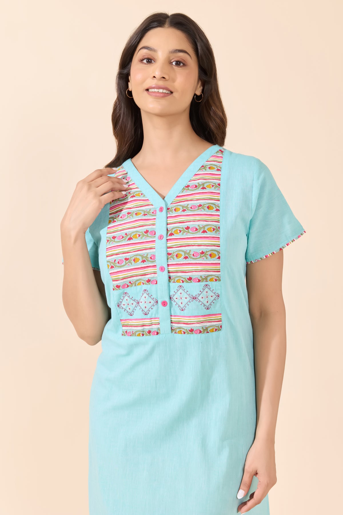 Turquoise Solid Cotton Nightwear With Floral Print Yoke