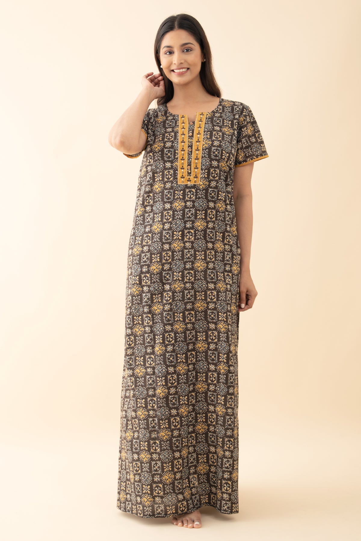 Floral Printed Nighty with Embroidered Yoke - Brown