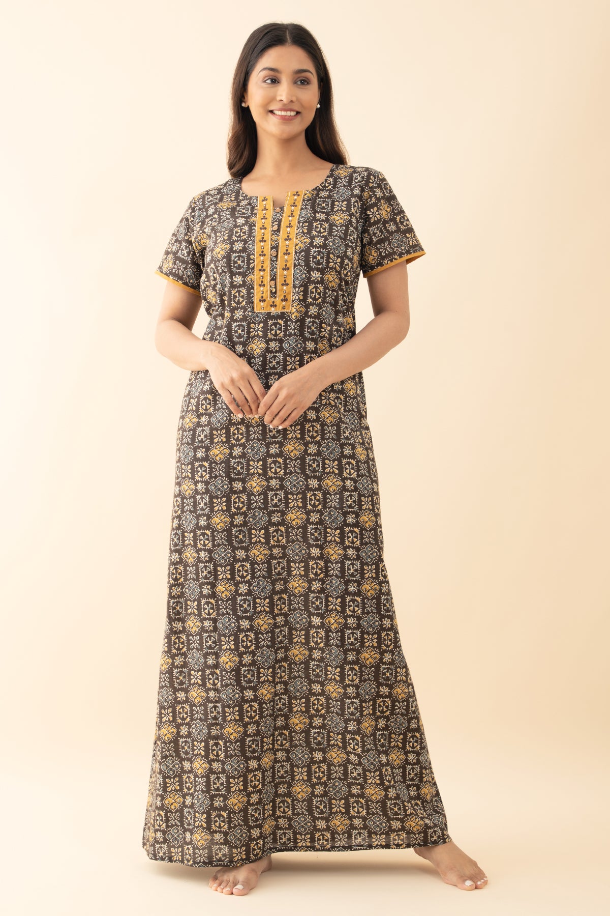 Floral Printed Nighty with Embroidered Yoke - Brown