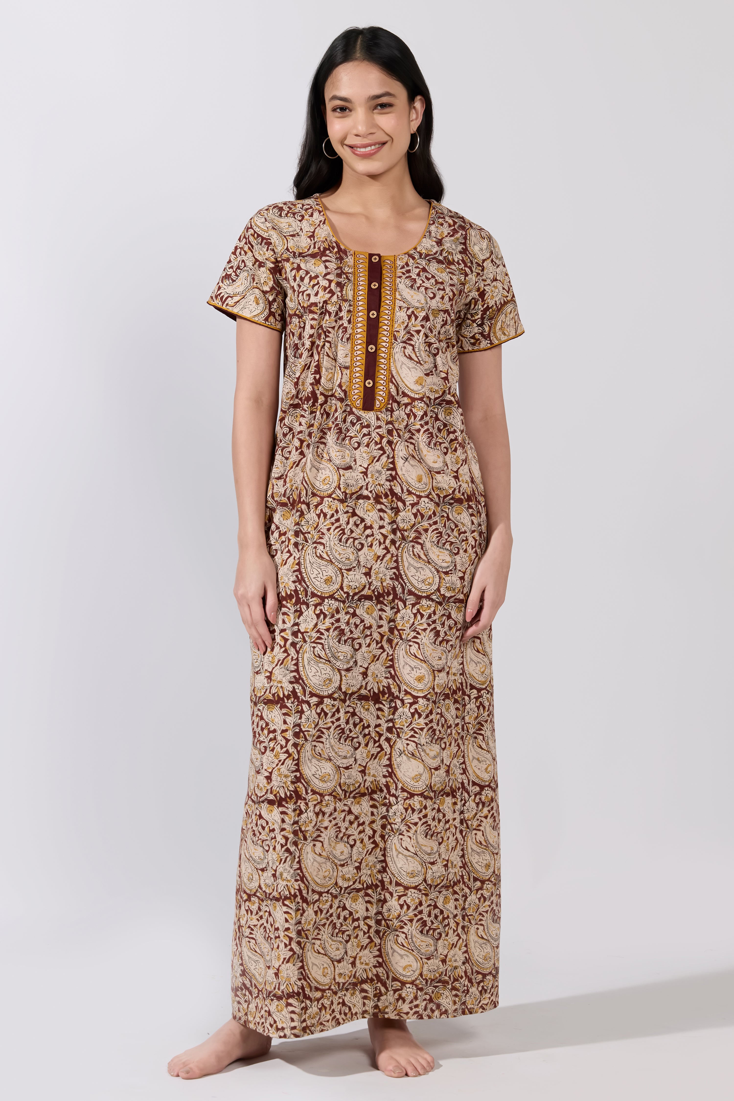 Brown Paisley Kalamkari Cotton Nighty