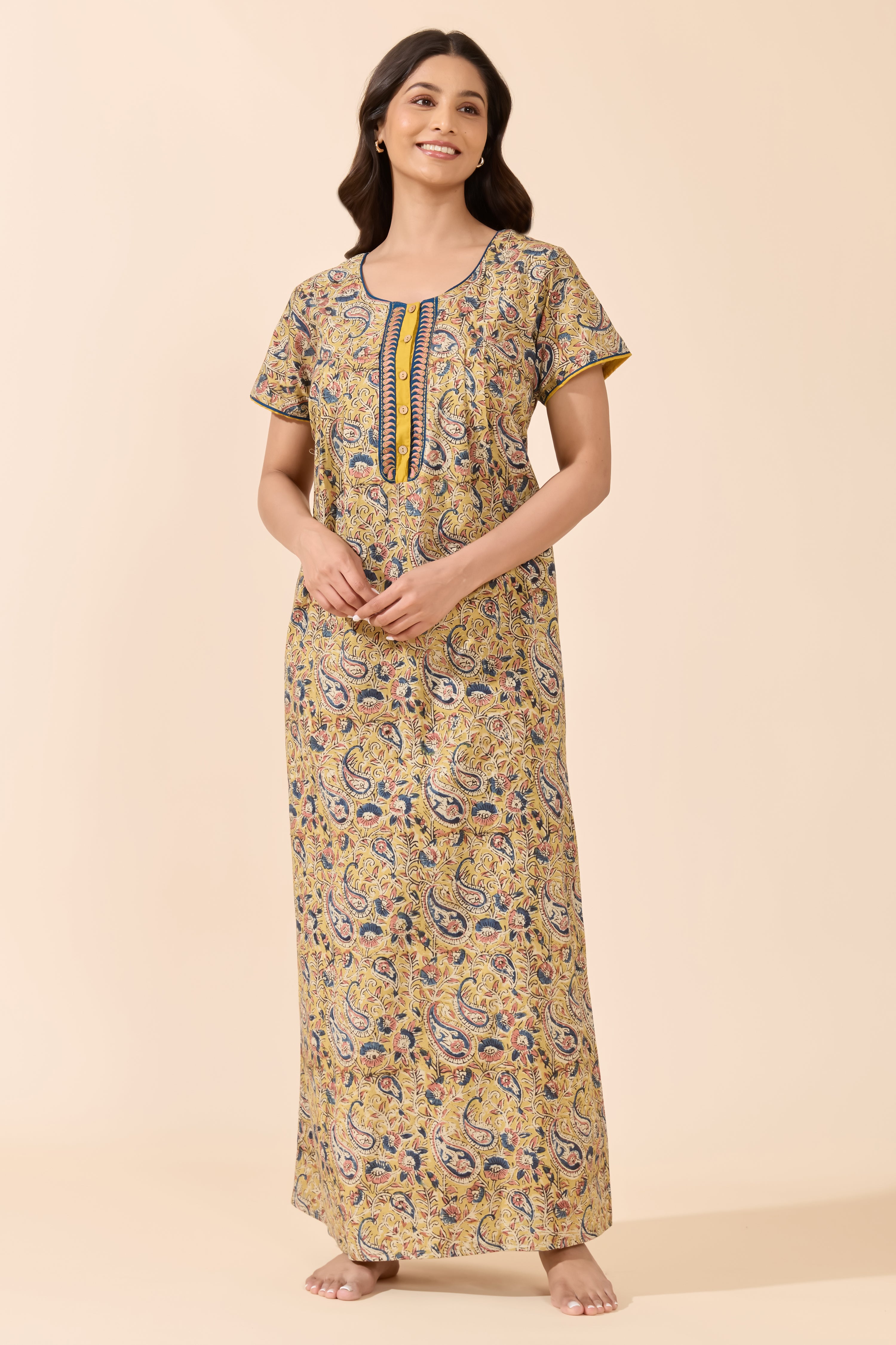 Mustard Paisley Kalamkari Cotton Nighty