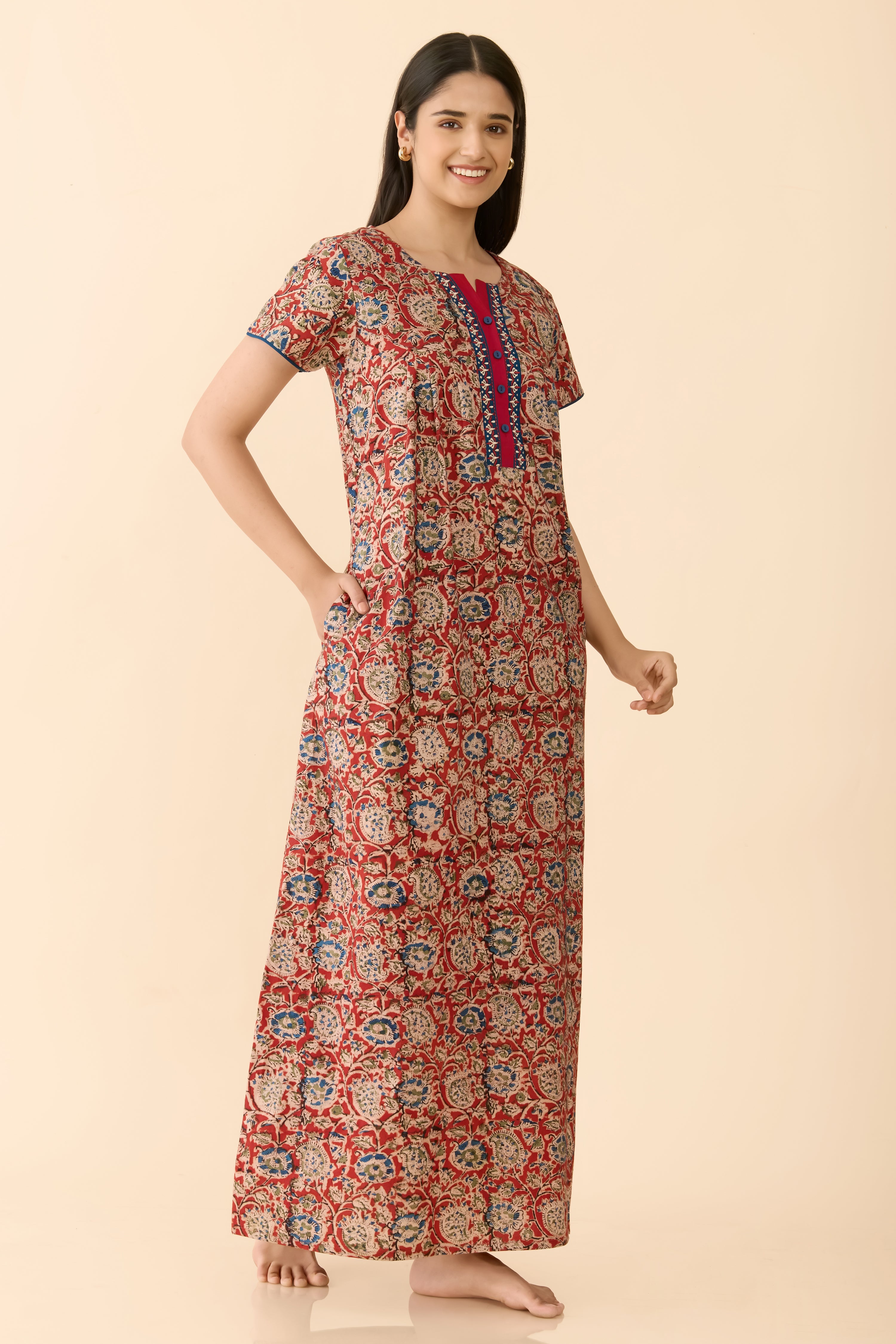 Red Kalamkari Printed Cotton Nightwear