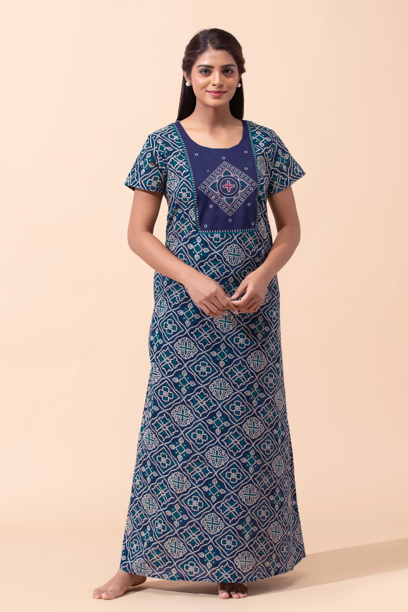 Navy Blue Bandhani Printed Cotton Nightwear