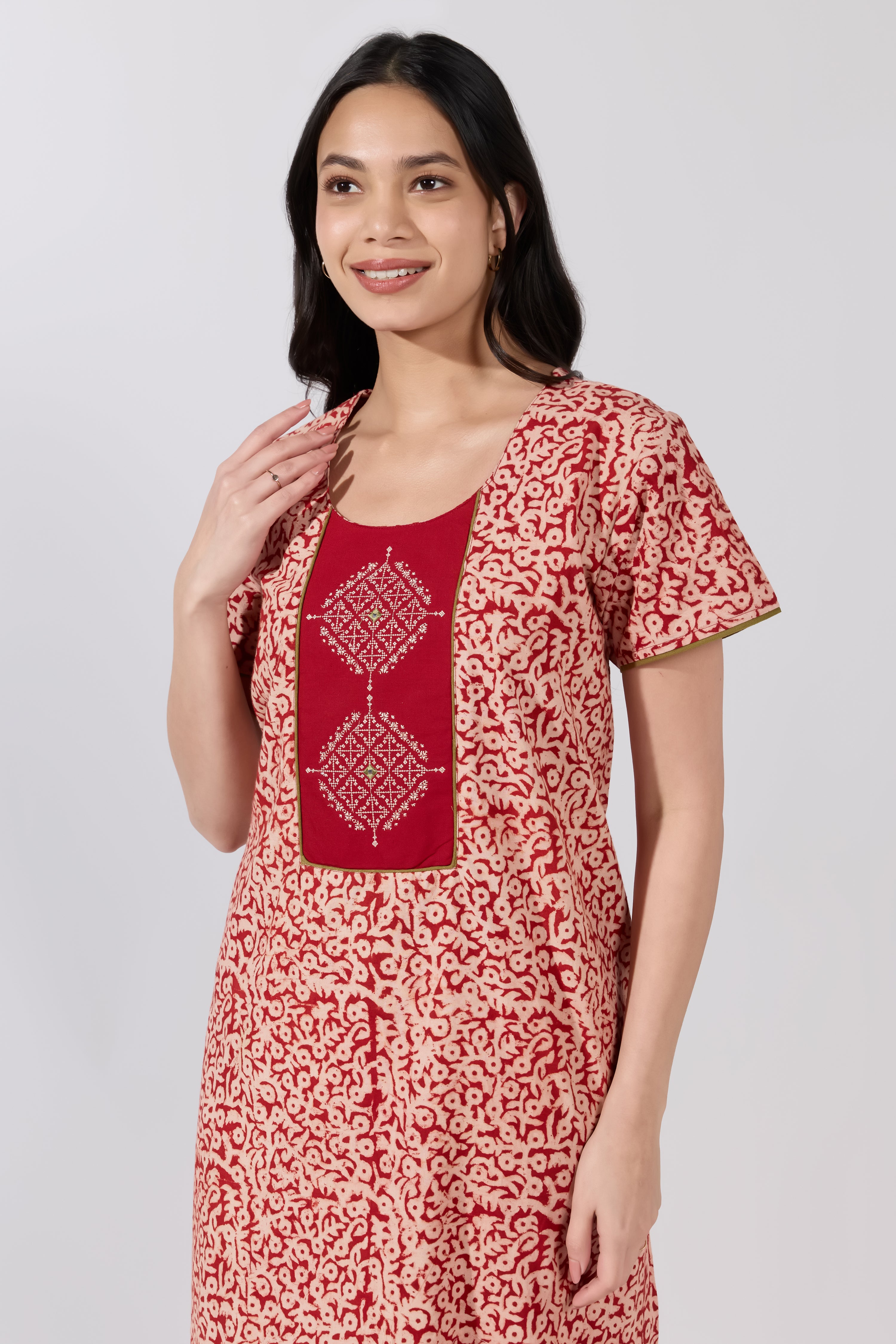 Red Kalamkari Nighty with Kolam Cross Stitch Embroidered Yoke