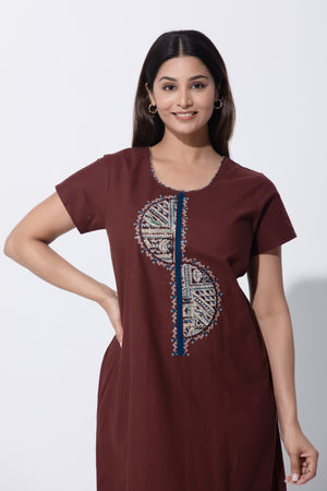 Brown Kalamkari Pure Cotton Nightwear with Embroidery & Foil Mirror Work