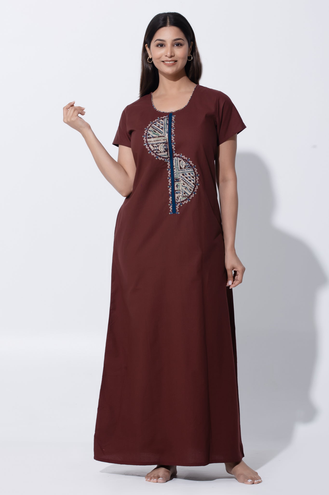 Brown Kalamkari Pure Cotton Nightwear with Embroidery & Foil Mirror Work