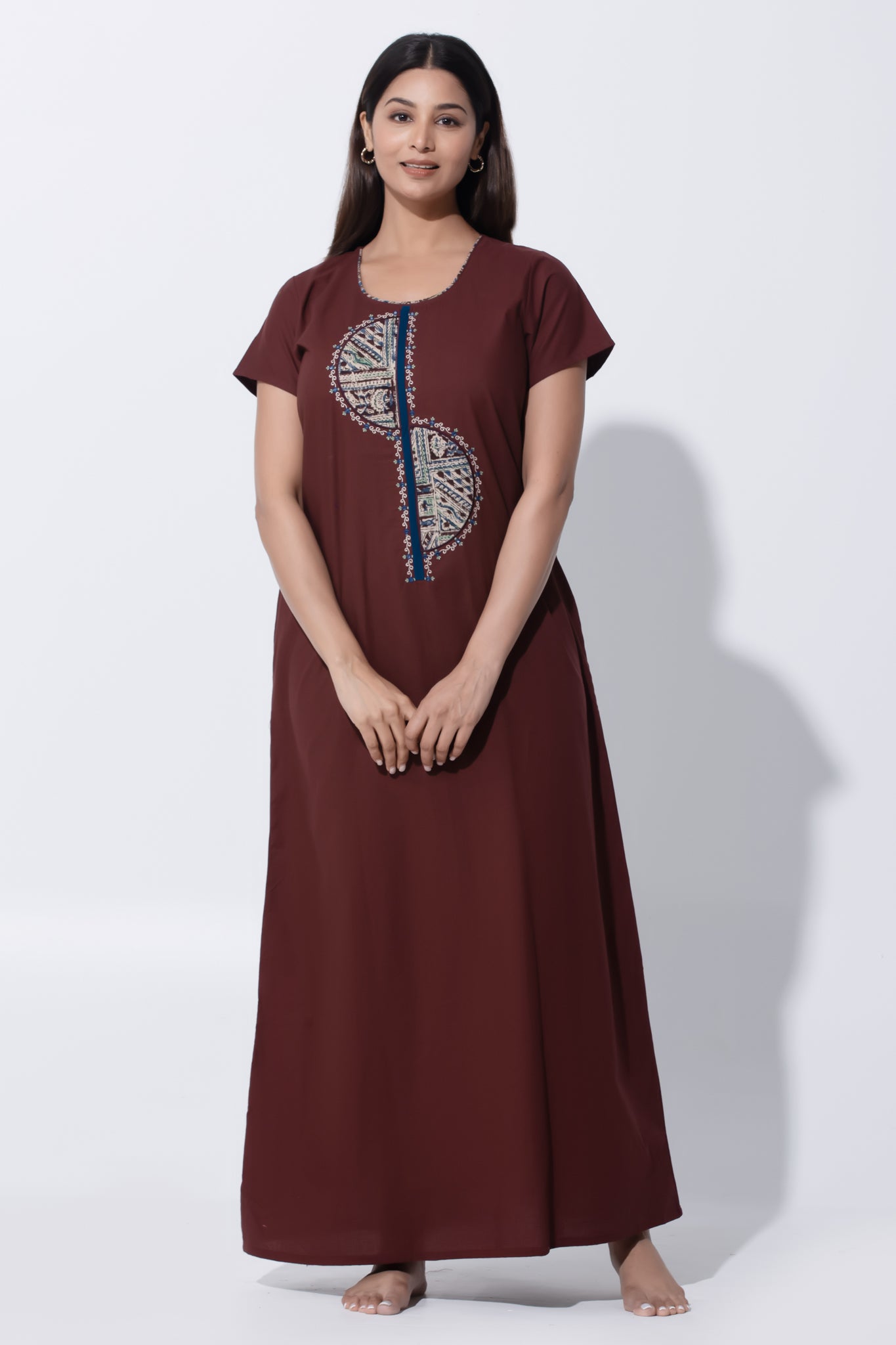 Brown Kalamkari Pure Cotton Nightwear with Embroidery & Foil Mirror Work