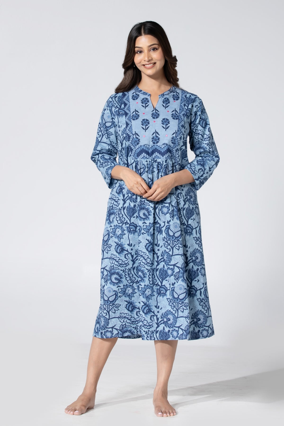 Blue Floral Printed Night Dress With Floral Yoke