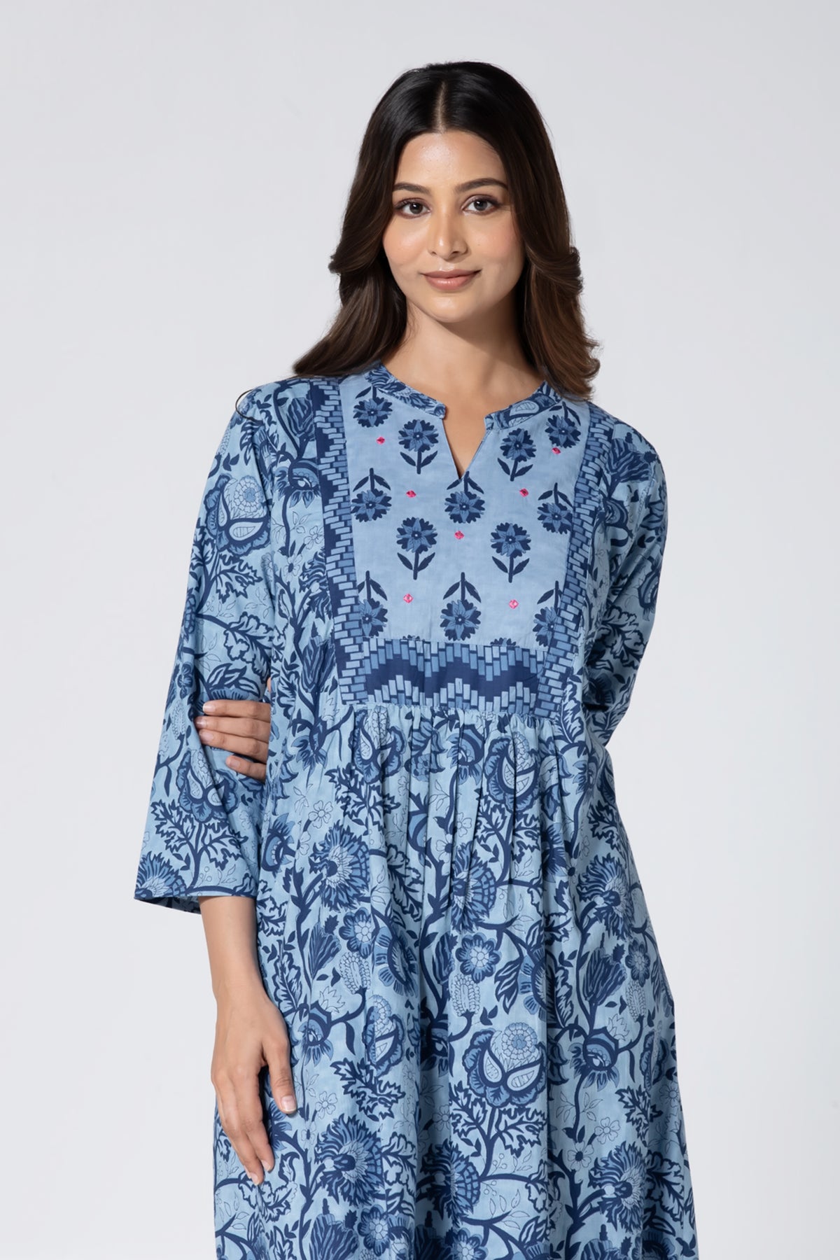 Blue Floral Printed Night Dress With Floral Yoke