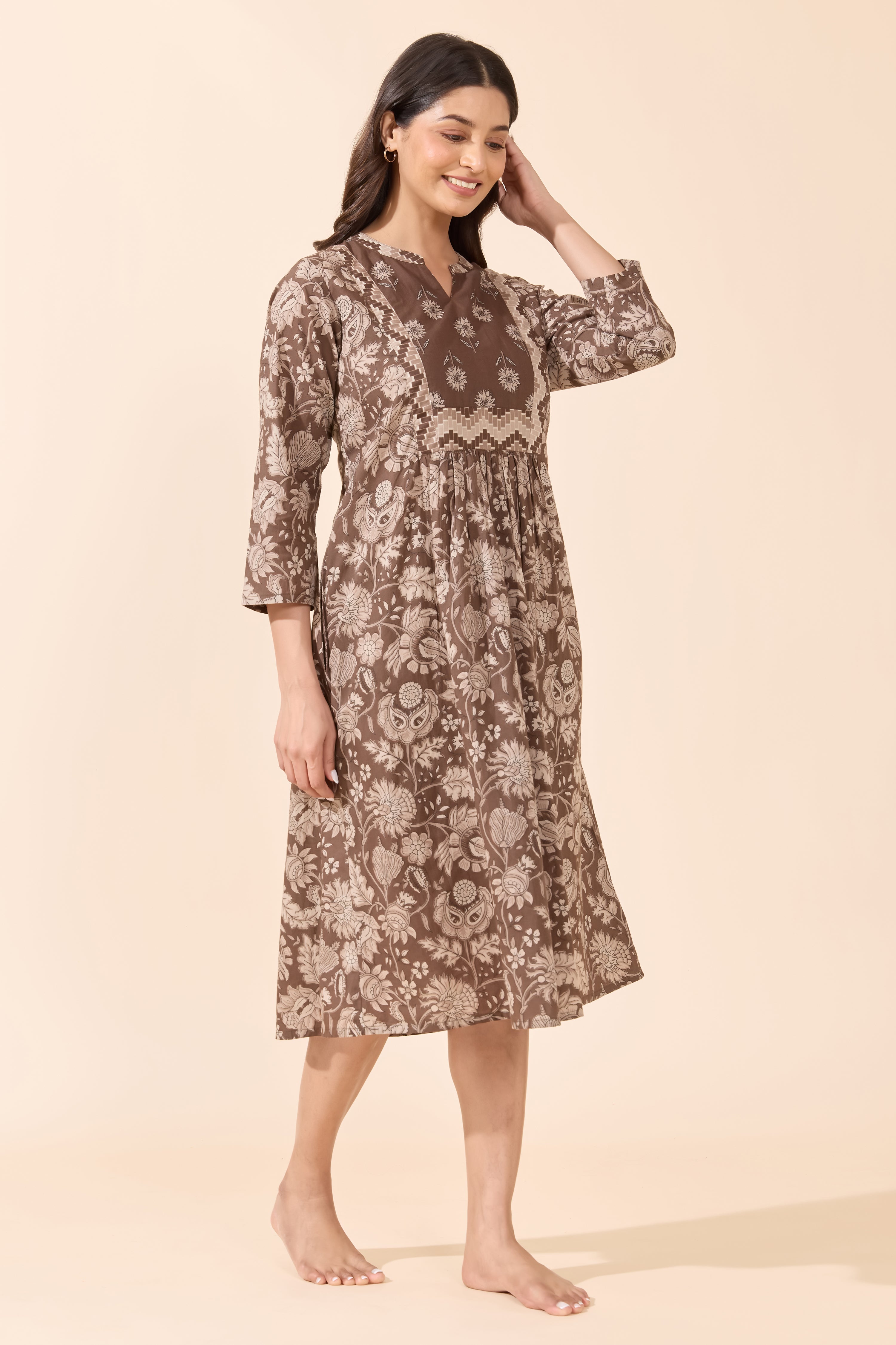 Brown Floral Printed Cotton Nightdress