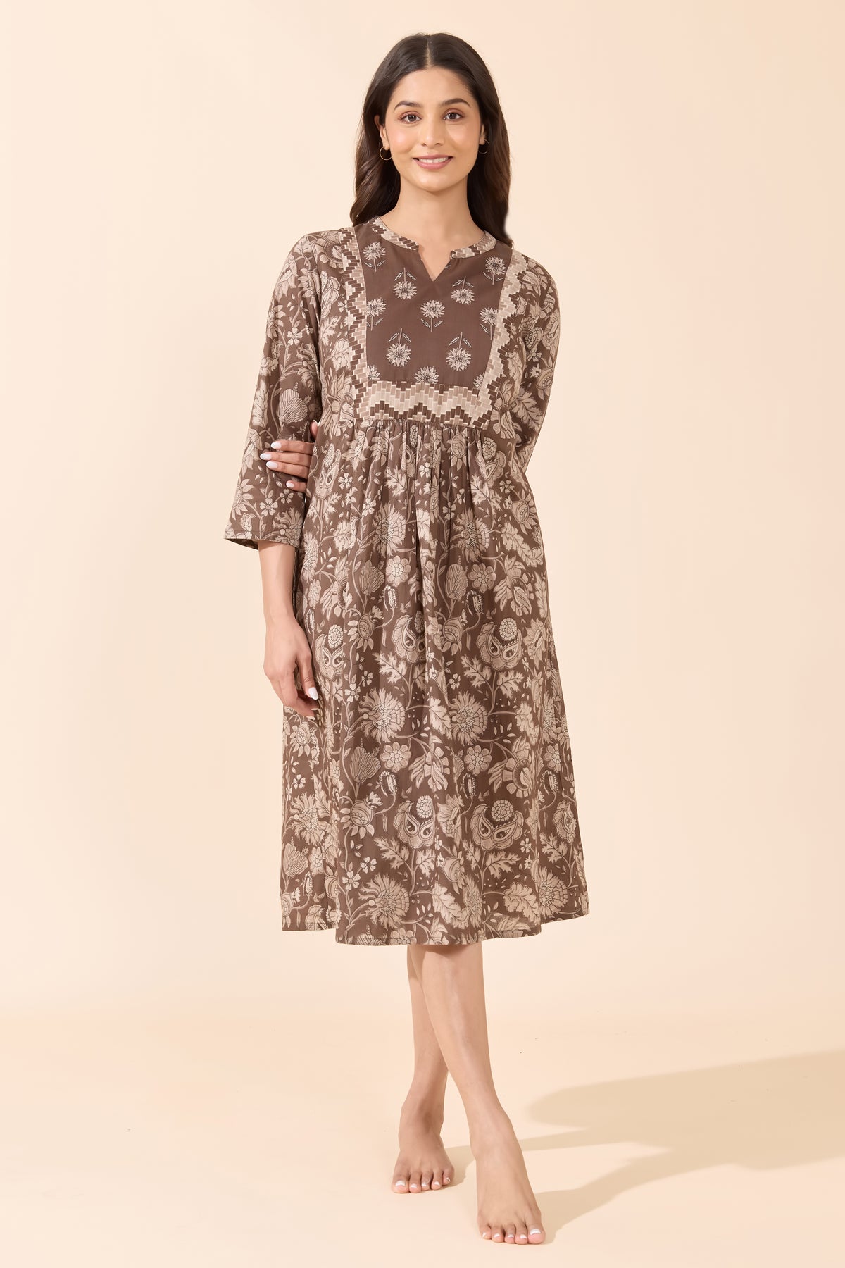 Brown Floral Printed Cotton Nightdress