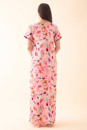 Abstract Floral Printed Nighty - Pink