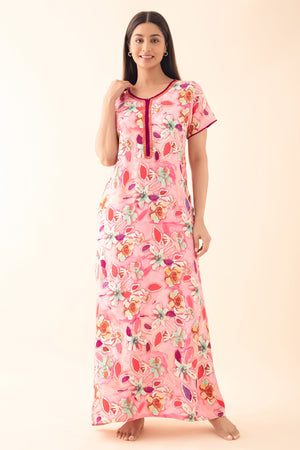 Abstract Floral Printed Nighty - Pink