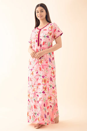 Abstract Floral Printed Nighty - Pink