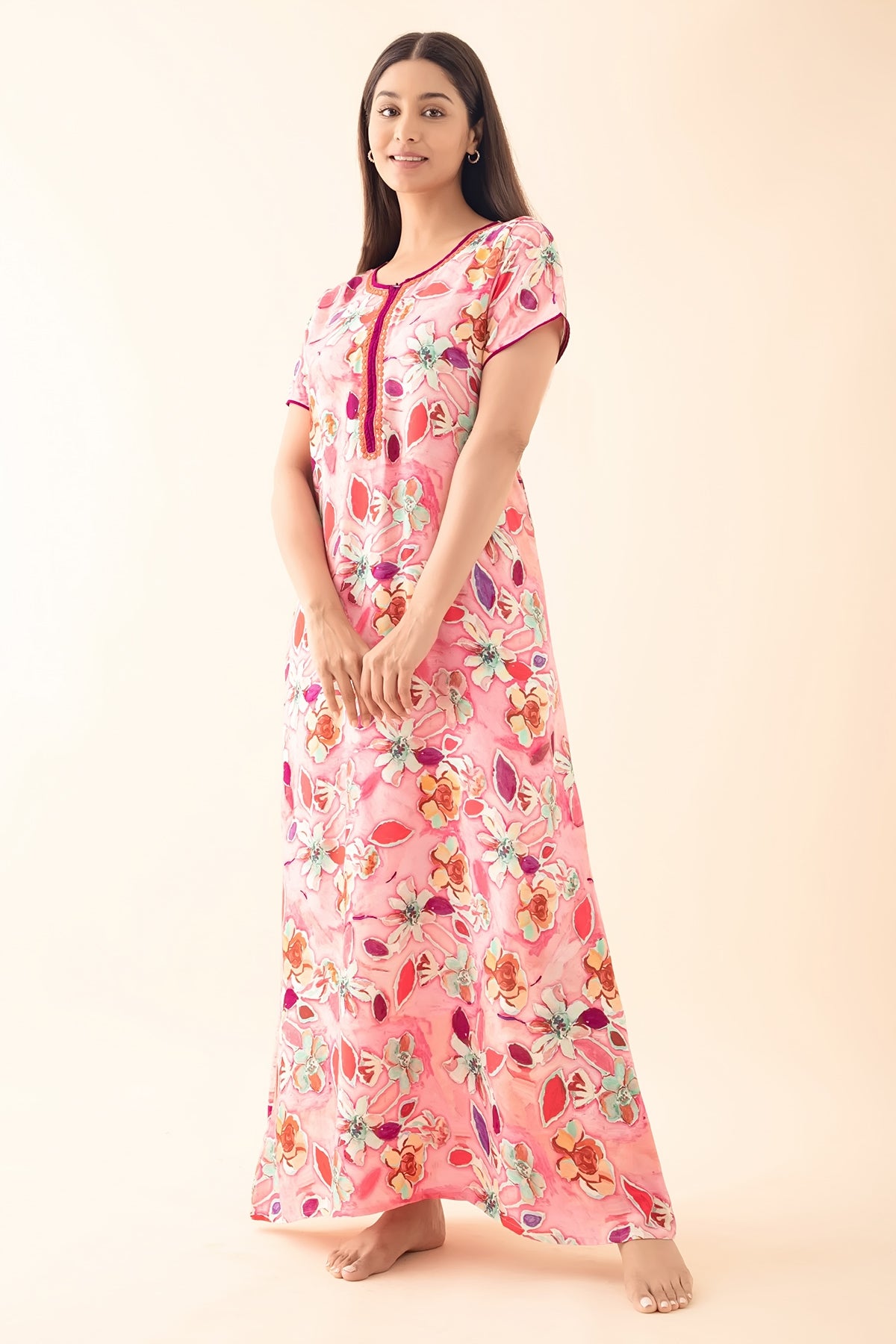 Abstract Floral Printed Nighty - Pink