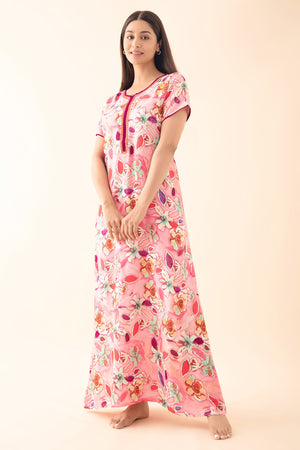 Abstract Floral Printed Nighty - Pink
