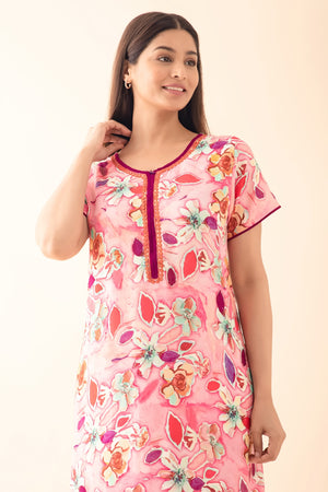 Abstract Floral Printed Nighty - Pink