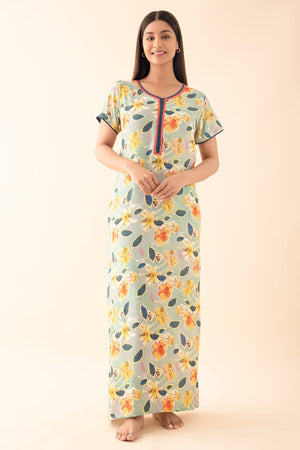 Abstract Floral Printed Nighty - Mist Grey