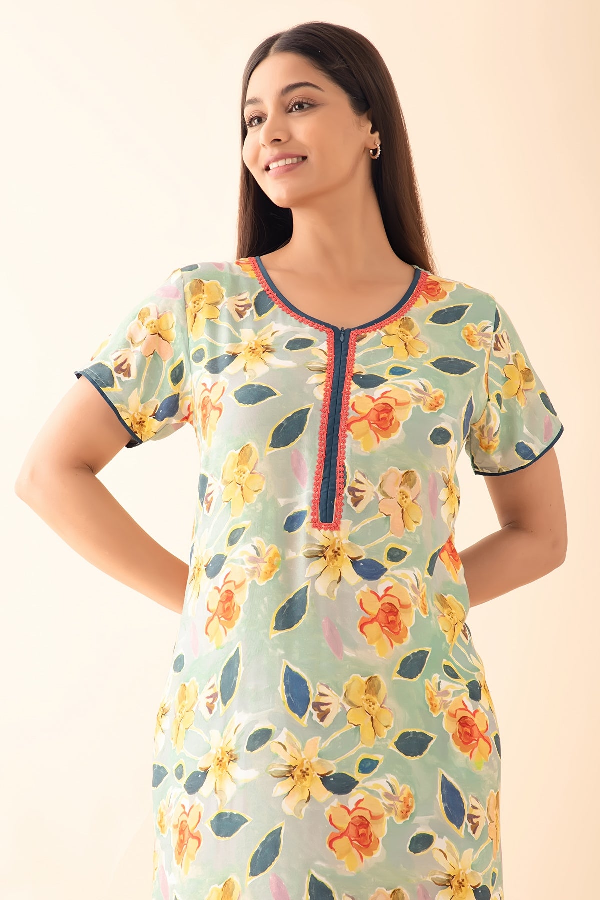 Abstract Floral Printed Nighty - Mist Grey