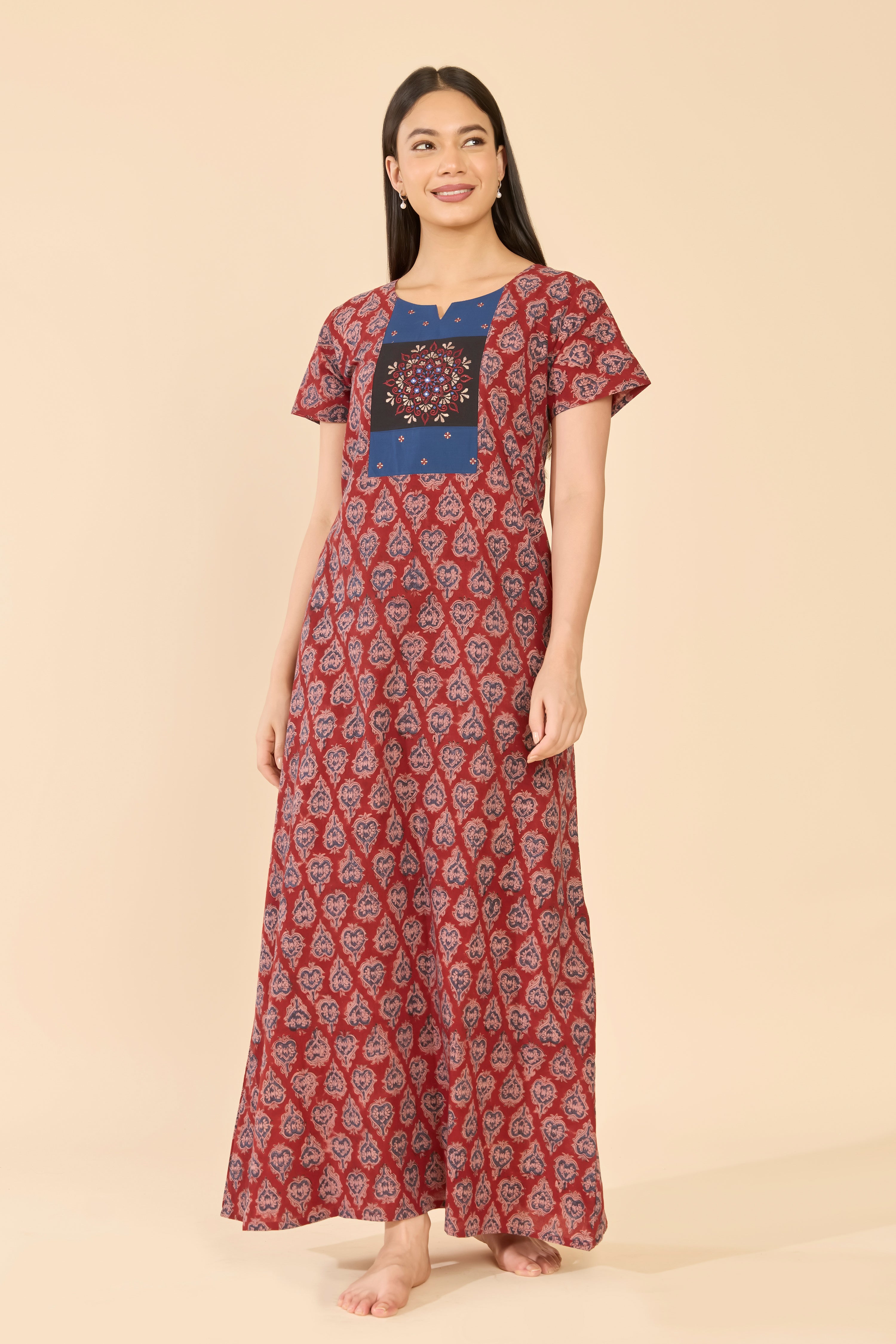 Maroon Kalamkari Cotton Nightwear