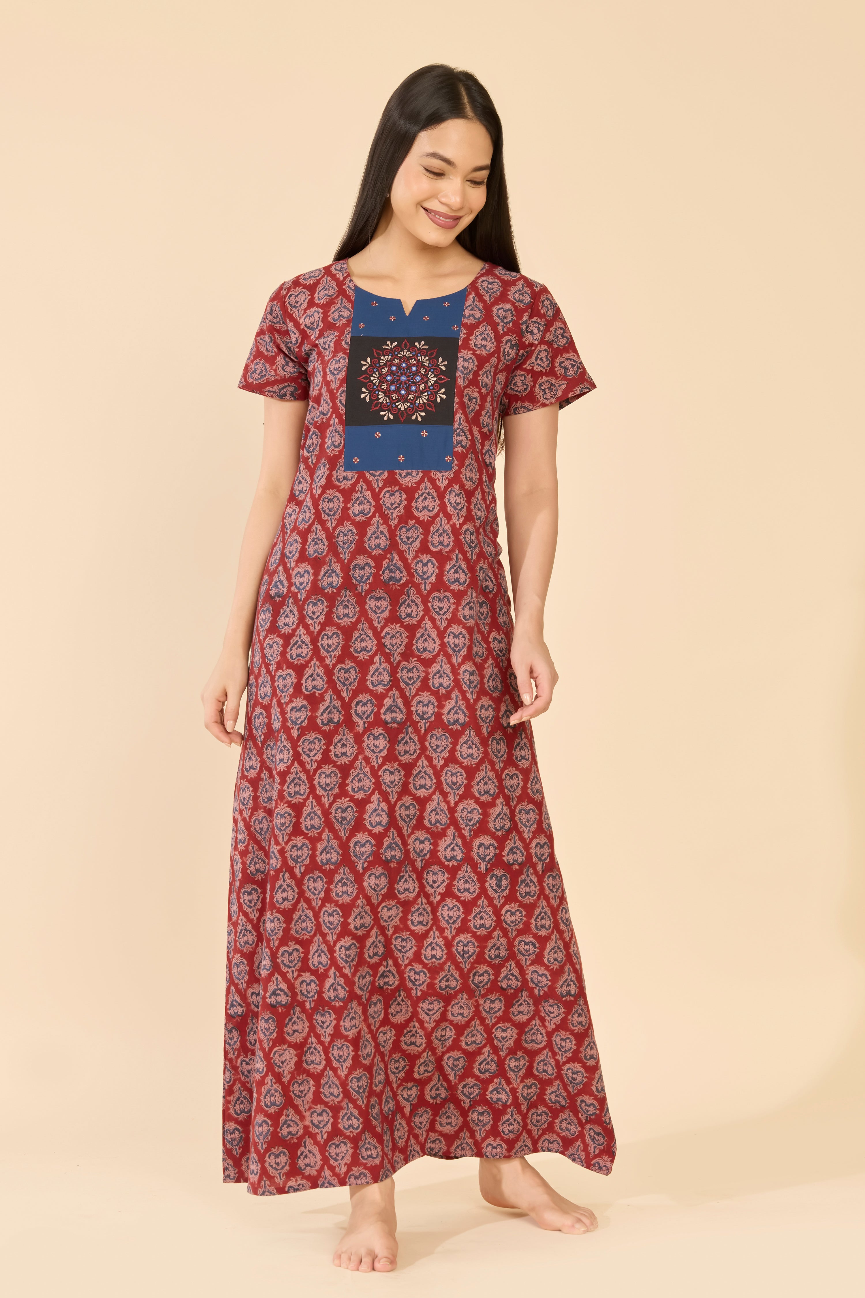 Maroon Kalamkari Cotton Nightwear