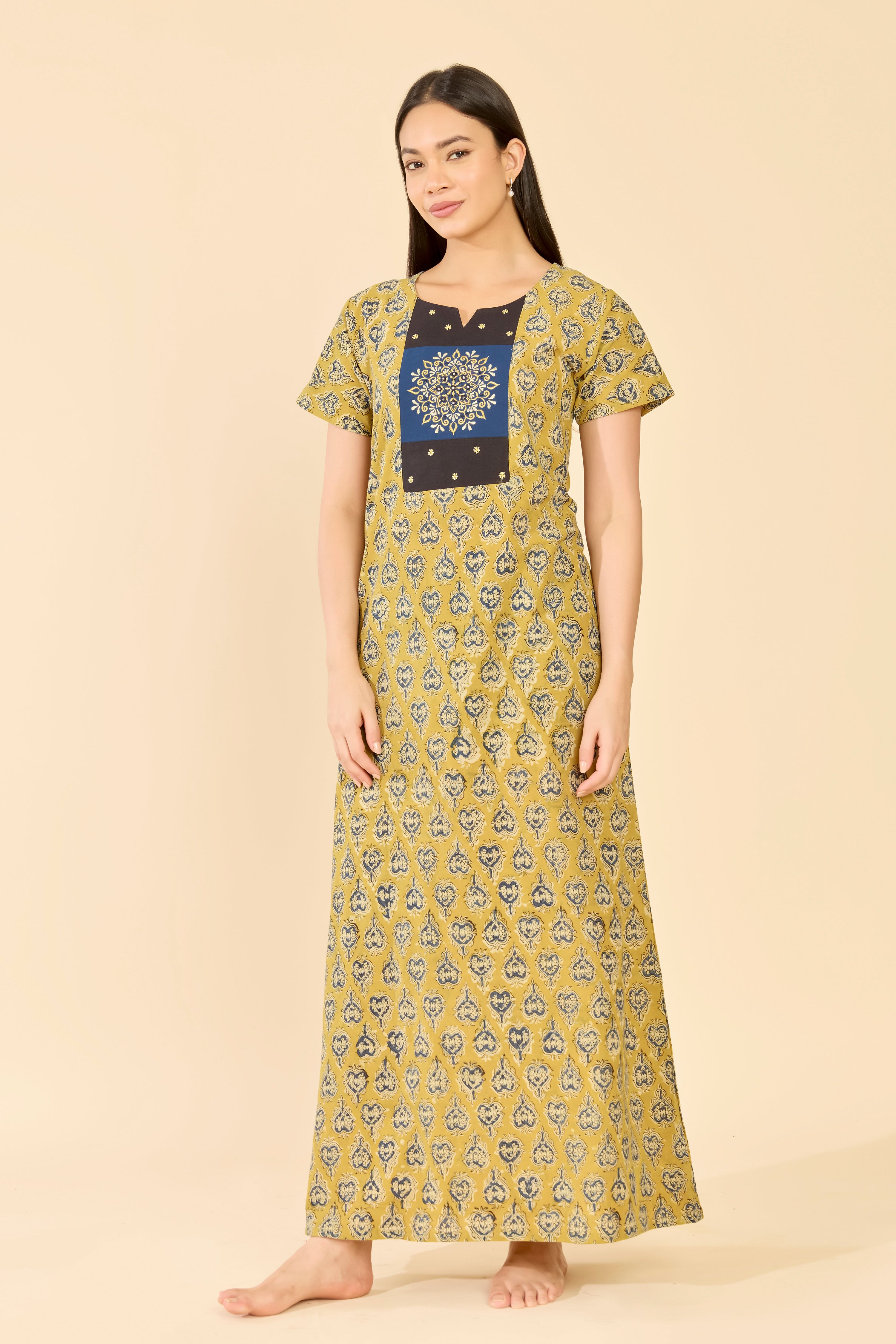 Mustard Kalamkari Cotton Nightwear