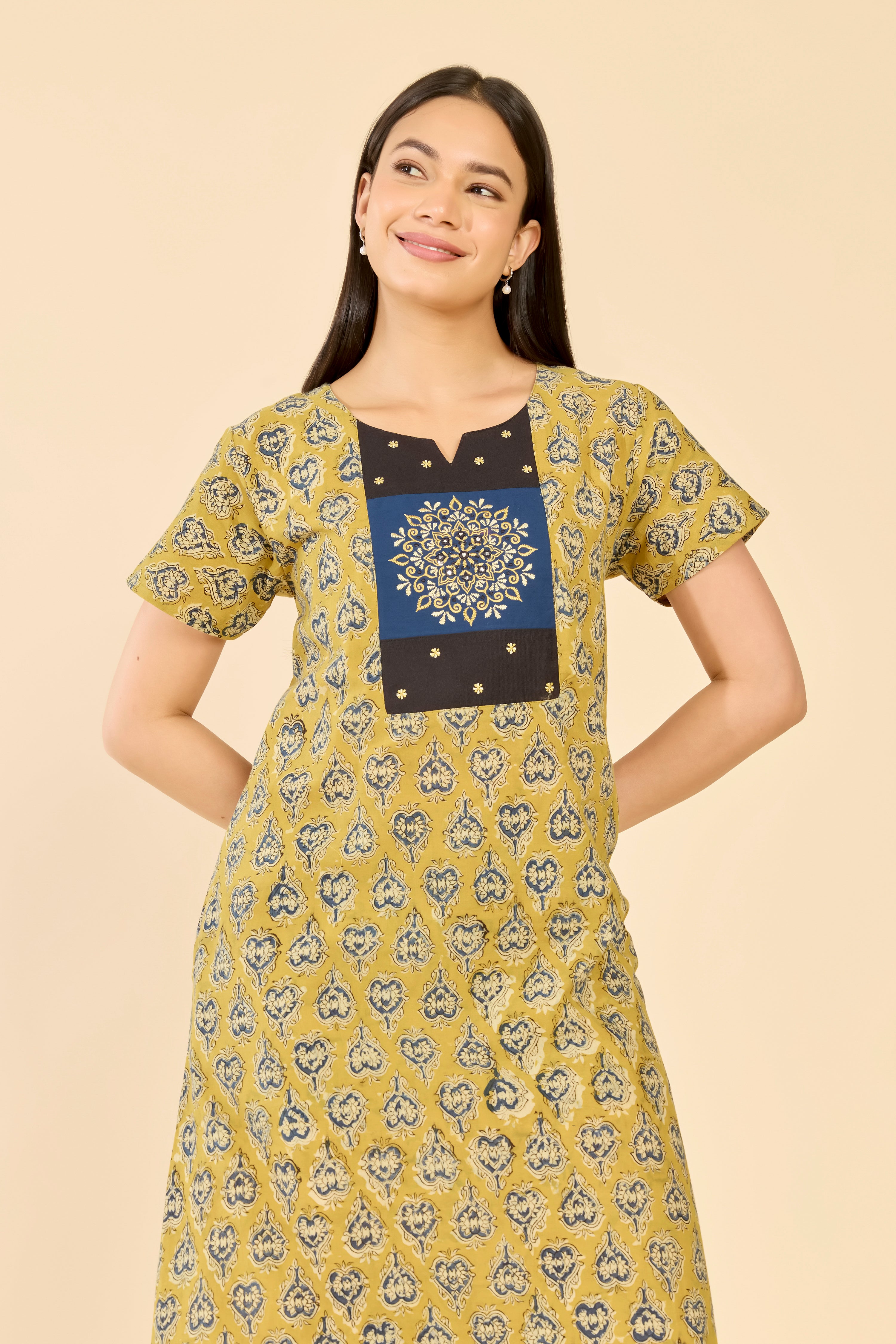 Mustard Kalamkari Cotton Nightwear