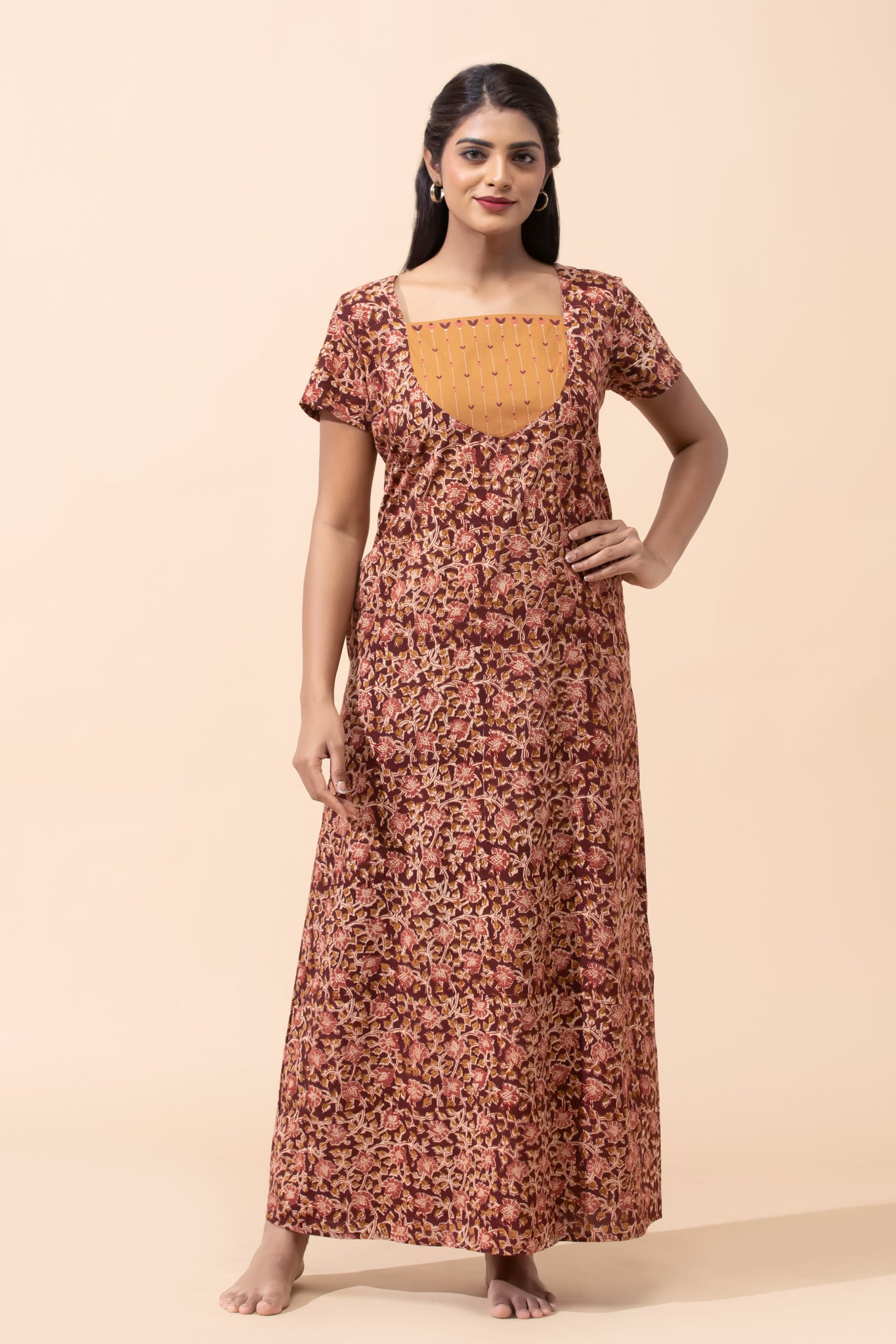Maroon Kalamkari Cotton Nightwear